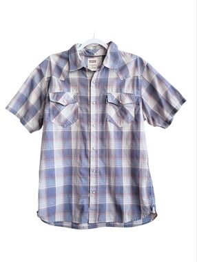 LEVI'S Mens Shirt Modern Blue White Red Snap Button Plaid Short Sleeve LARGE